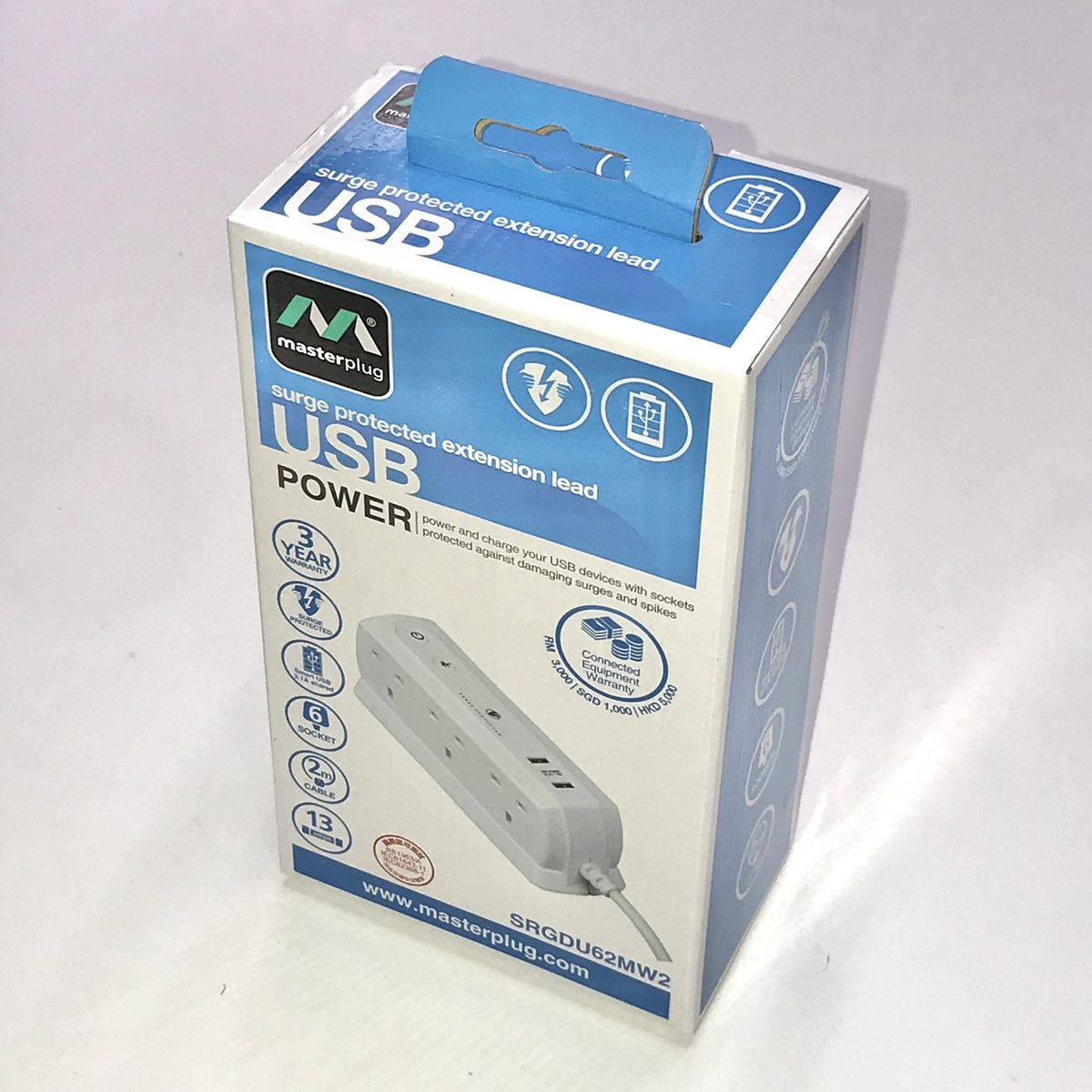 Masterplug - SRGDU62MW2 6插位 2xUSB 2米拖板 Masterplug