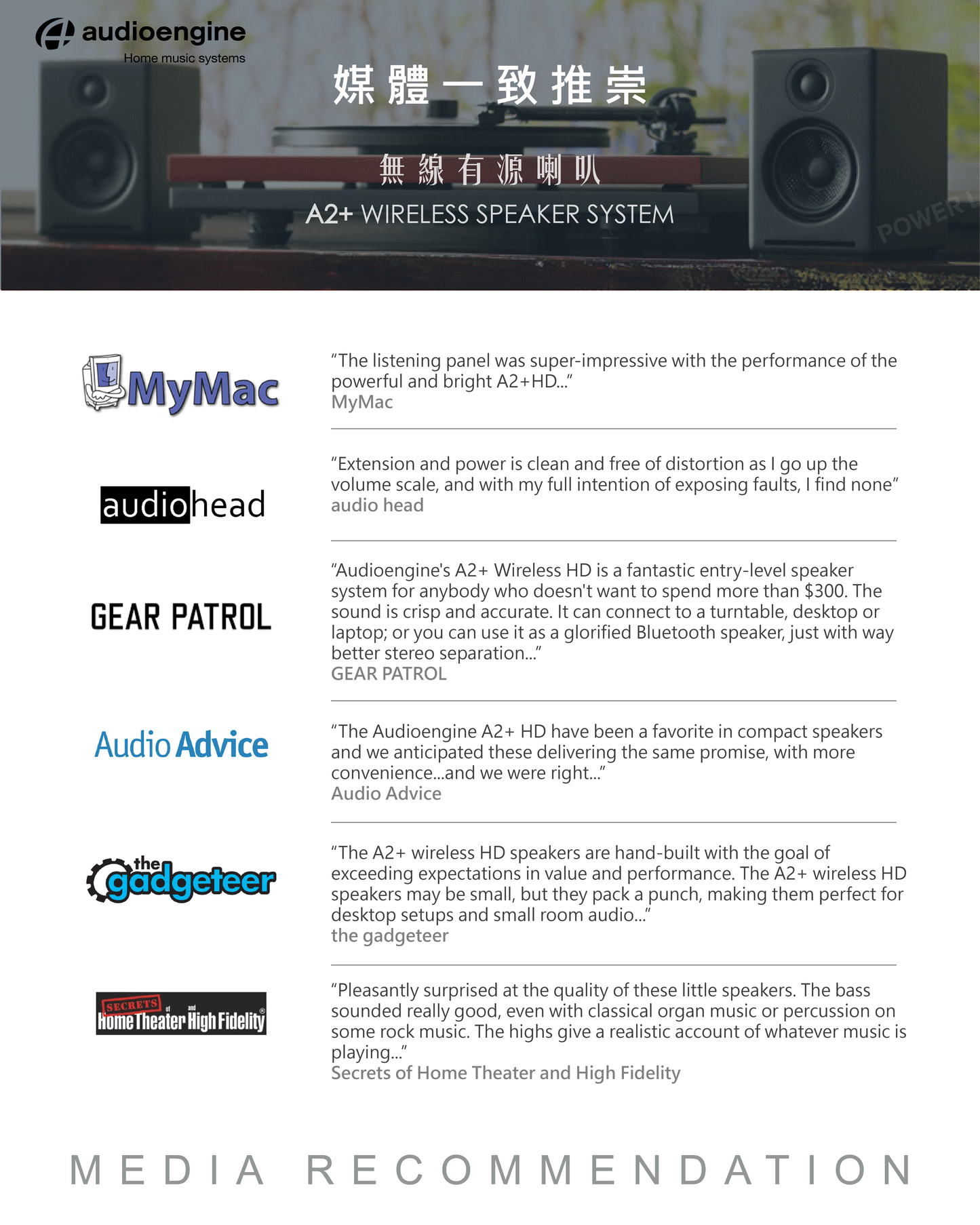 Audioengine A2+ 2025升級版 主動式立體聲藍牙書架喇叭-白色 Audioengine A2+ (AptX HD version, Type C) Power Wireless Speaker - White