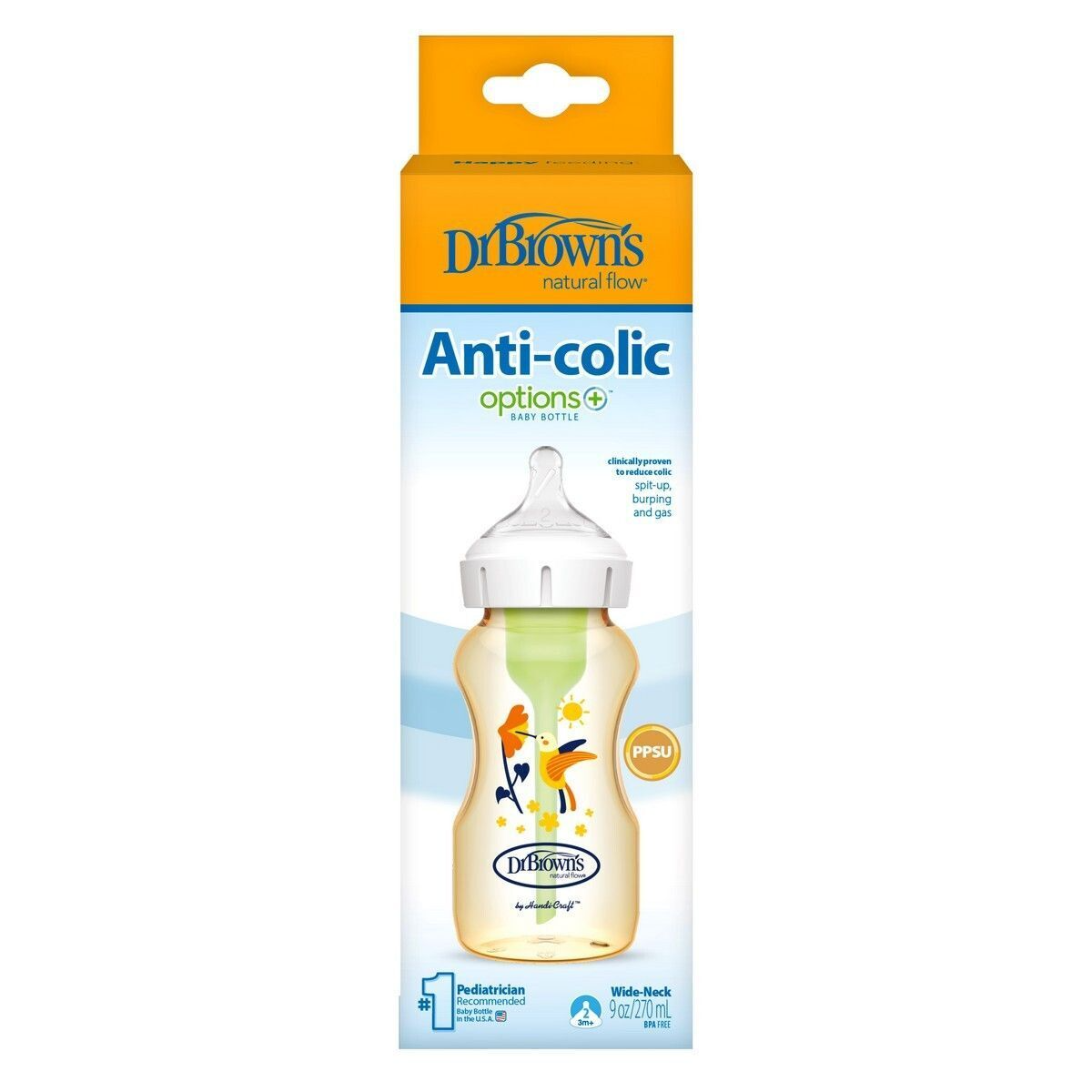 Dr. Brown's - Options+ 仿母乳排氣奶樽(蜂鳥印花/ 二階段奶咀/ PPSU 9oz)仿母乳奶樽|減低脹氣|減低肚風|防真空奶樽|奶樽|防脹氣奶樽 DR-WB91620 Bliss