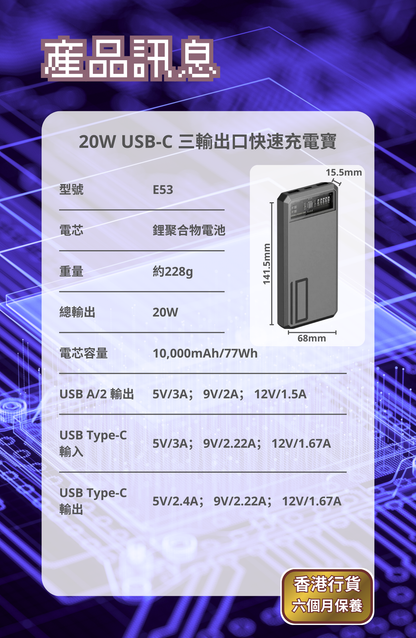 Orsen - E53 20W USB-C 10,000mAh 三輸出口快速充電寶 灰色