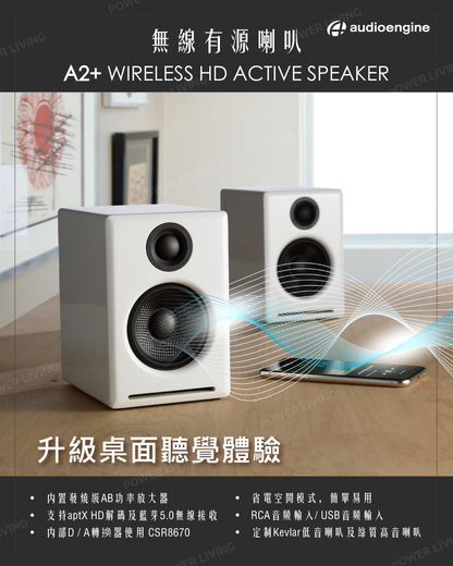 Audioengine A2+ 2025升級版 主動式立體聲藍牙書架喇叭-白色 Audioengine A2+ (AptX HD version, Type C) Power Wireless Speaker - White