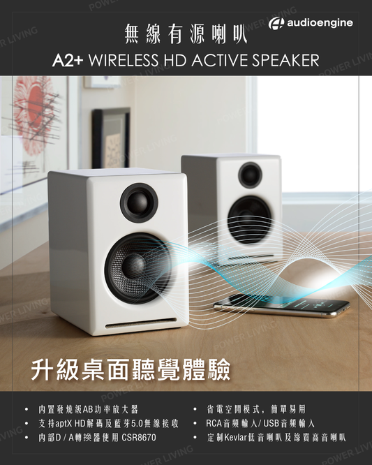 Audioengine A2+ 2025升級版 主動式立體聲藍牙書架喇叭-白色 Audioengine A2+ (AptX HD version, Type C) Power Wireless Speaker - White