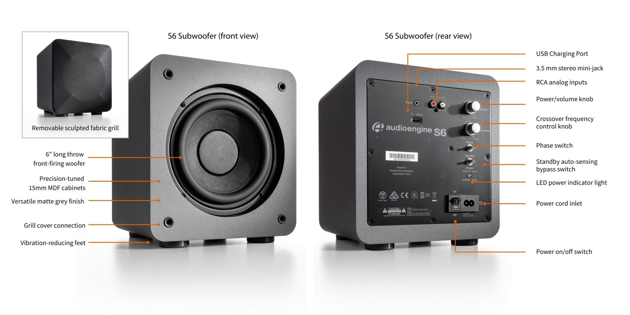 Audioengine - S6 210W 6吋 小型 有源 重低音喇叭 / 低音炮 Subwoofer 白色│ RCA、3.5mm、遊戲、電影、家庭影音
