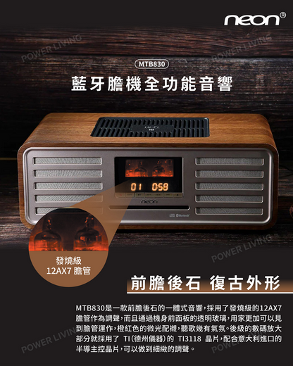 Neon - Slot-in CD/Bluetooth Audio Tube Amplifier MTB830 Walnut Color | Speaker Amplifier CD All-in-One | Radio | Fiber Optic Input | Vacuum Tube