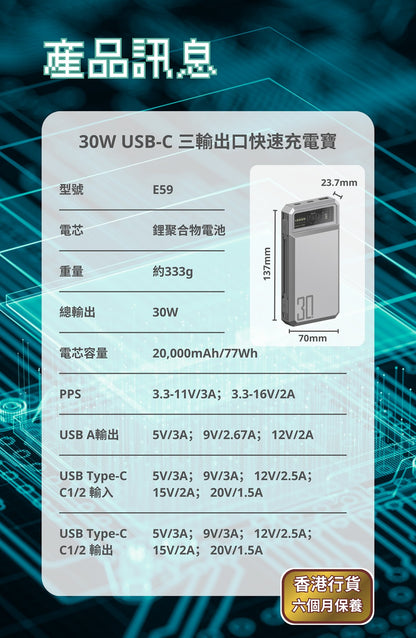 Orsen - E59 30W USB-C 20,000mAh Three-port Fast Power Bank Grey