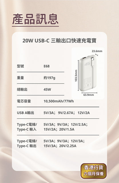 Orsen - E68 45W USB-C 10500mAh 三輸出口 快速充電寶 米白色